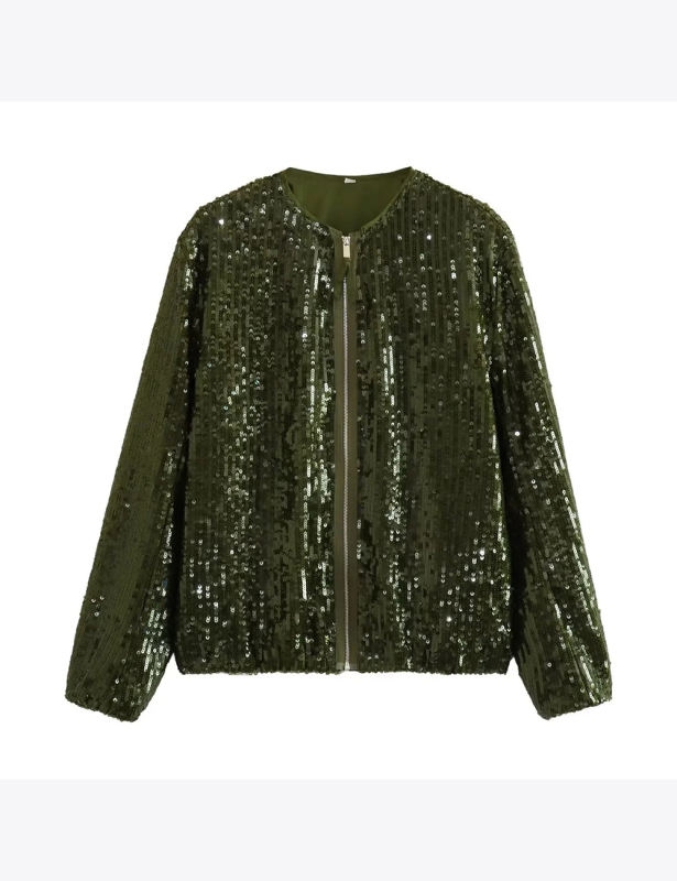 Army Green Sequined Full-zip Long Sleeve Jacket