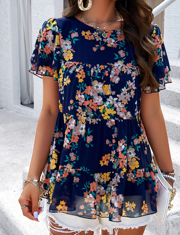 Navy Floral Print Tiered Short Sleeve Babydoll Top
