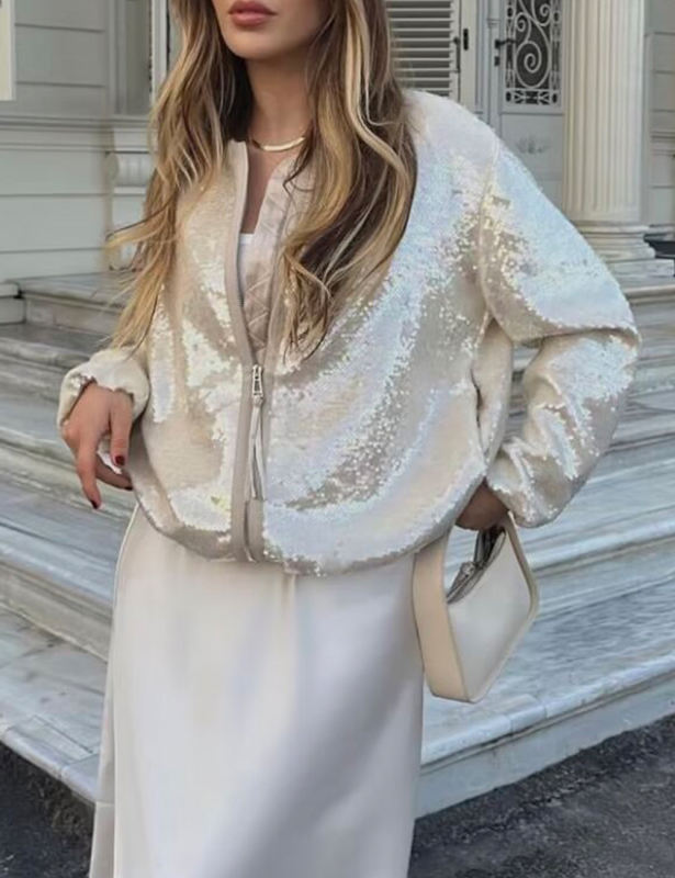 White Sequined Full-zip Long Sleeve Jacket