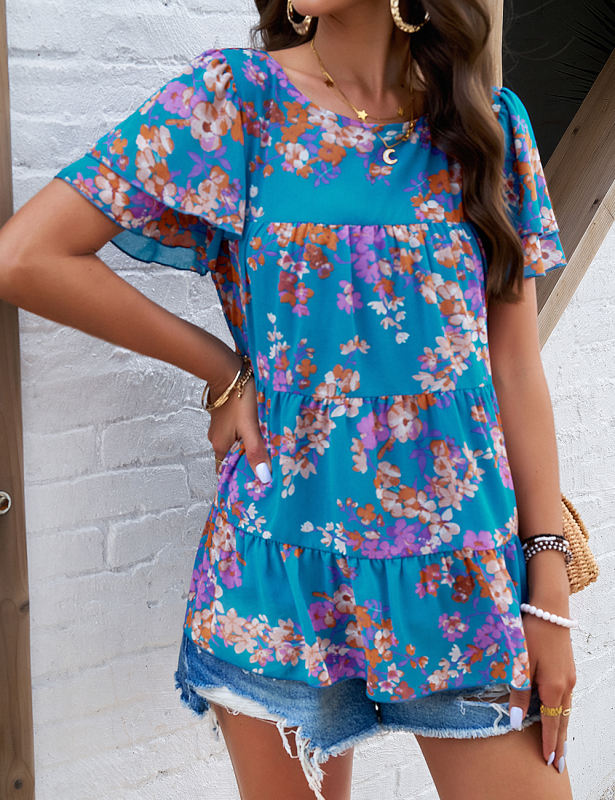 Blue Floral Print Tiered Short Sleeve Babydoll Top