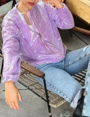 Purple Sequined Full-zip Long Sleeve Jacket