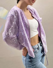 Purple Sequined Full-zip Long Sleeve Jacket
