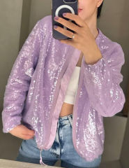 Purple Sequined Full-zip Long Sleeve Jacket