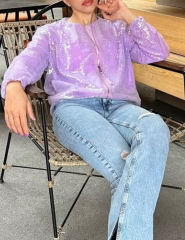Purple Sequined Full-zip Long Sleeve Jacket