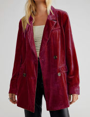 Burgundy Button Detail Velvet Jacket Split Blazer