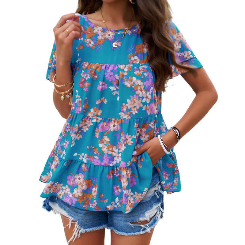 Blue Floral Print Tiered Short Sleeve Babydoll Top