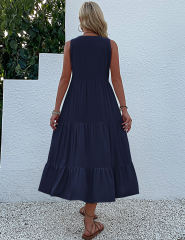 Dark Blue Sleeveless V Neck Tiered Midi Dress