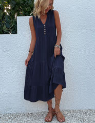 Dark Blue Sleeveless V Neck Tiered Midi Dress