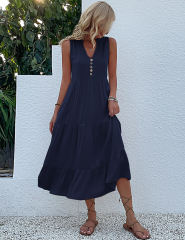 Dark Blue Sleeveless V Neck Tiered Midi Dress