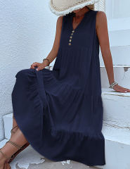 Dark Blue Sleeveless V Neck Tiered Midi Dress