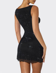 Black Double Mesh Rhinestones Square Neck Bodycon Dress