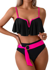 Black Patchwork Ruffled Two Piece Bikini Swimsuit