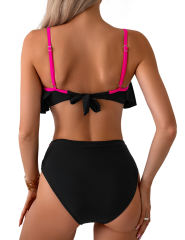 Black Patchwork Ruffled Two Piece Bikini Swimsuit