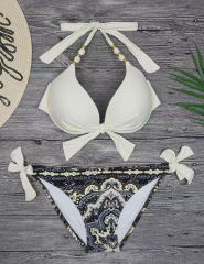 White Halter Neck Print Bottom Bikini Set