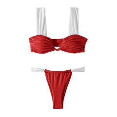 Red Shiny Nylon Pleated Triangle Bikini Set