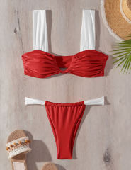 Red Shiny Nylon Pleated Triangle Bikini Set