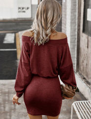 Burgundy Off the Shoulder Long Sleeve Dress