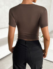 Brown Solid Color Slim Fit Crop Top