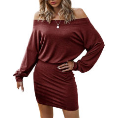 Burgundy Off the Shoulder Long Sleeve Dress