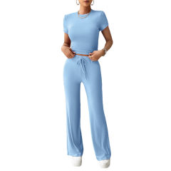 Sky Blue Short Sleeve Top and Drawstring Pant Lounge Set