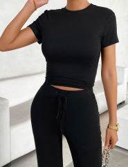 Black Short Sleeve Top and Drawstring Pant Lounge Set