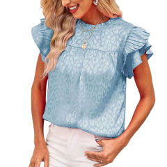 Blue Leopard Print Ruffled Sleeve Blouse