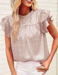 Beige Leopard Print Ruffled Sleeve Blouse