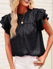 Black Leopard Print Ruffled Sleeve Blouse
