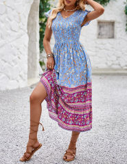 Blue Boho Floral Splicing Pleated Ruffled Trim Long Dress