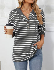 Dark Gray Striped Contrast Button-up Drawstring Hoodie