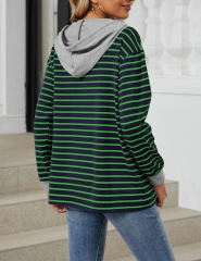 Green Striped Contrast Button-up Drawstring Hoodie