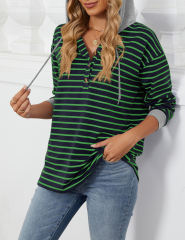 Green Striped Contrast Button-up Drawstring Hoodie