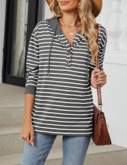 Dark Gray Striped Contrast Button-up Drawstring Hoodie