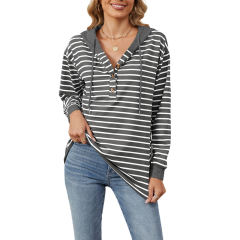 Dark Gray Striped Contrast Button-up Drawstring Hoodie