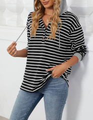 Black Striped Contrast Button-up Drawstring Hoodie