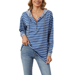 Blue Striped Contrast Button-up Drawstring Hoodie