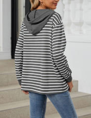 Dark Gray Striped Contrast Button-up Drawstring Hoodie