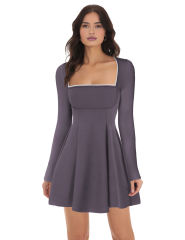 Gray Square Neck Slim Waist Long Sleeve Dress