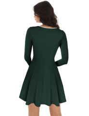 Dark Green Square Neck Slim Waist Long Sleeve Dress
