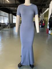 Blue Solid Color Short Sleeve Bodycon Dress