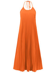 Orange Backless Halter Neck Pleated Long Dress