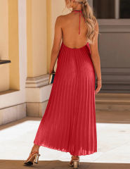 Red Backless Halter Neck Pleated Long Dress