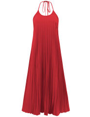 Red Backless Halter Neck Pleated Long Dress
