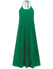 Green Backless Halter Neck Pleated Long Dress
