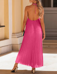 Rosy Backless Halter Neck Pleated Long Dress