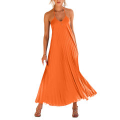 Orange Backless Halter Neck Pleated Long Dress