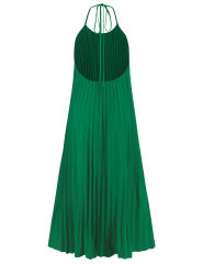 Green Backless Halter Neck Pleated Long Dress