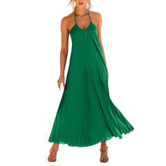 Green Backless Halter Neck Pleated Long Dress