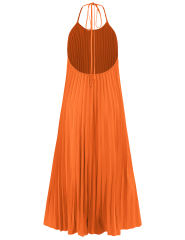 Orange Backless Halter Neck Pleated Long Dress