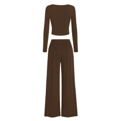 Coffee Ribbed Square Neck Long Sleeve Top and Wide Leg Pant Set